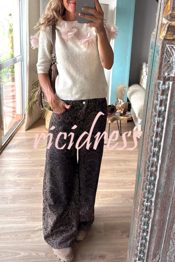 Alboran Knit Organza Flowers Detail Short Sleeve Loose Sweater