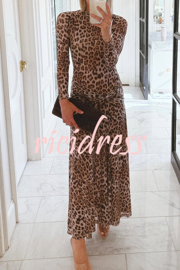 Revina Mesh Leopard Print Mock Neck Gathered Waist Long Sleeve Stretch Midi Dress