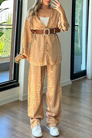 Leopard Print Jacquard Long Sleeved Shirt with Elastic Waist and Pant Two Piece Set