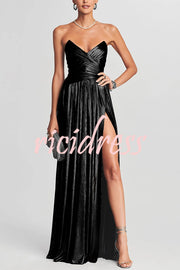 Goddess Temperament Metallic Pleated Fabric Off Shoulder Slit Maxi Dress