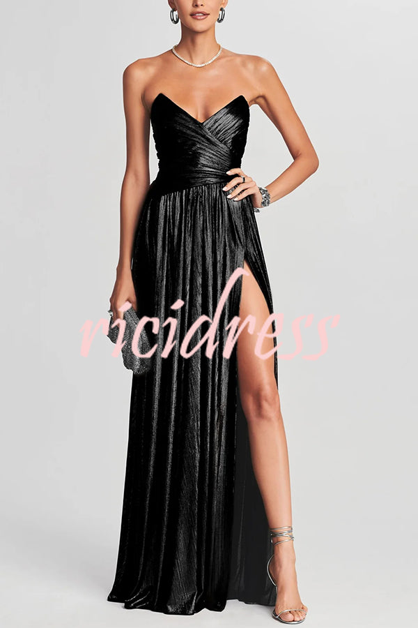 Goddess Temperament Metallic Pleated Fabric Off Shoulder Slit Maxi Dress