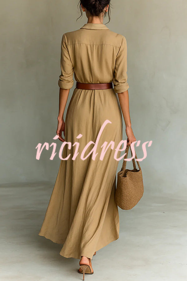 City Sleek Single Breasted Long Sleeve Warp Slit Shirt Maxi Dress