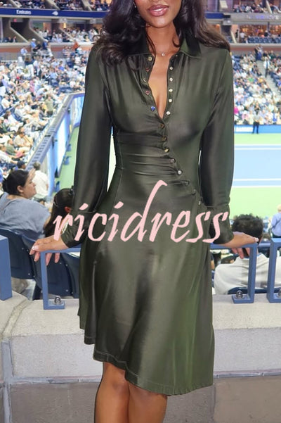 Marvis Button-embellished Long Sleeve Asymmetrical Drape Shirt Midi Dress