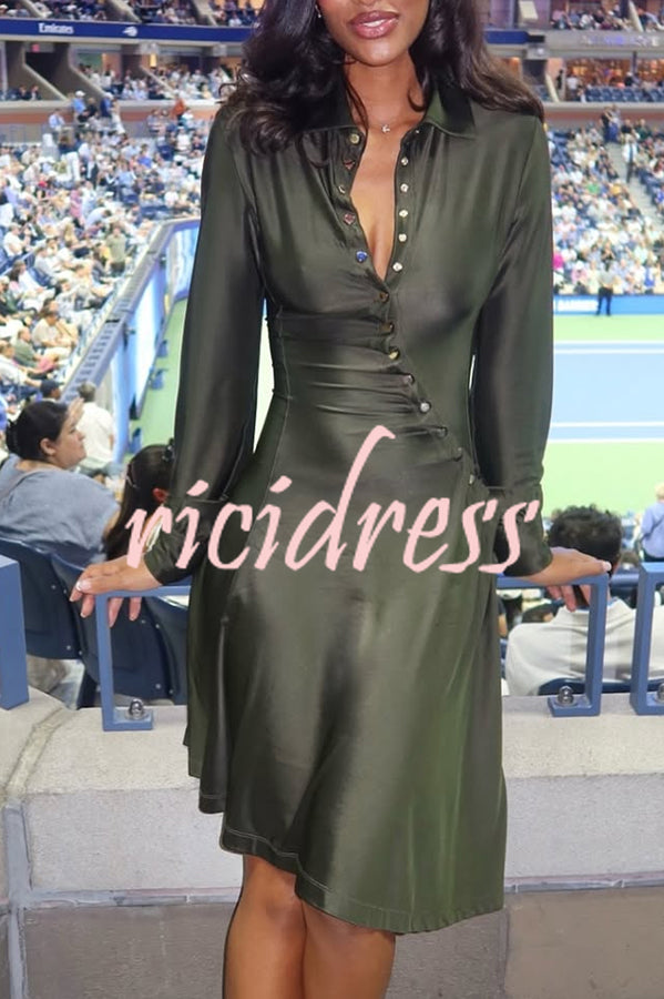 Marvis Button-embellished Long Sleeve Asymmetrical Drape Shirt Midi Dress