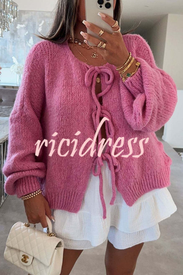 Solid Color Long-sleeved V-neck Lace-up Loose Knitted Sweater