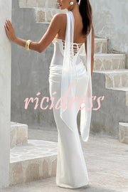 Liora Ruched Cowl Neck Sheer Mesh Waist Off Shoulder Scarf Maxi Dress