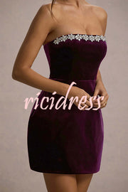 Effortlessly Elegant Velvet Jewel Embellished Trim Bandeau Mini Dress