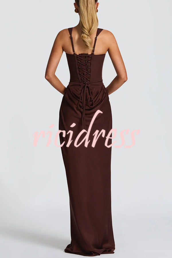 Larrah Square Neck Back Lace-up Satin Drape Hem Maxi Dress