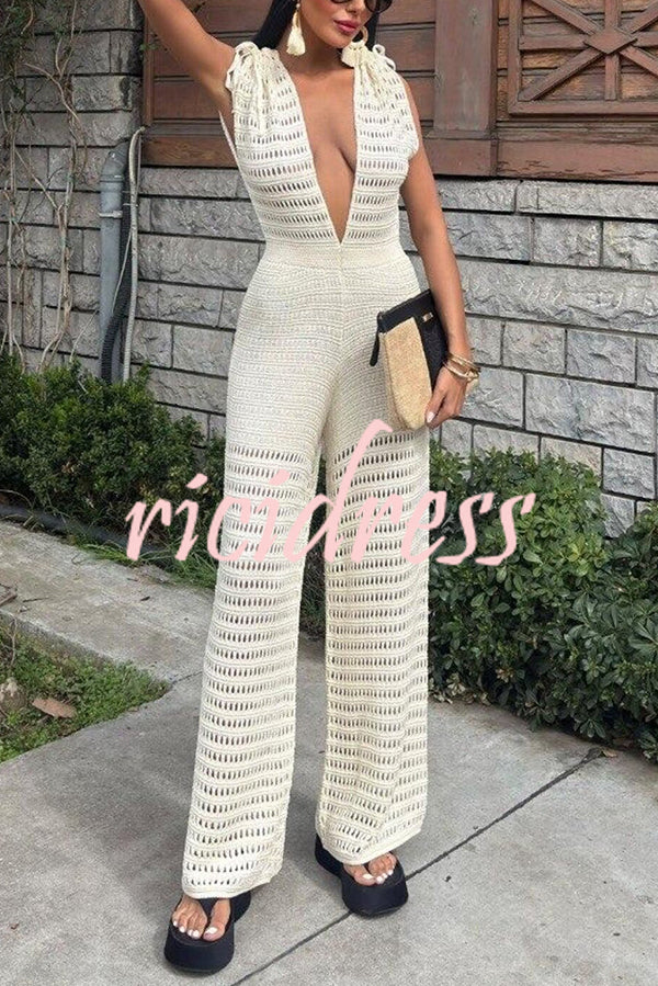 Solid Color Knitted V-neck Holiday Hollow Casual Jumpsuit