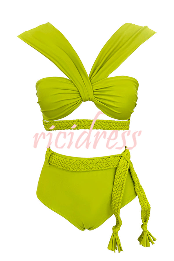 Solid Color Braided Rope High Waist Stretch Two-piece Bikini Swimsuit