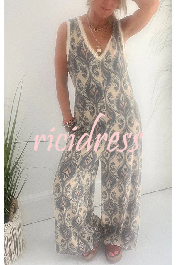 Moroccan Inspired Printed Texture V-neck Loose Jumpsuit