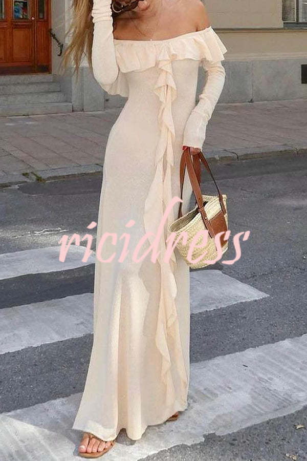 Darling Way Knit Off Shoulder Long Sleeve Drape Ruffles Slit Stretch Maxi Dress