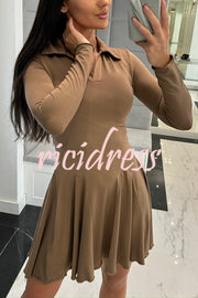 Solid Color Lapel Long Sleeve Slim Fit Waist Mini Dress