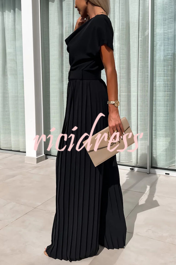 Ivy Cowl Neck Short Sleeve Belt Pleated Loose Wide Leg Jumpsuit