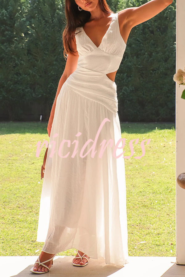 Solid Color V-neck Waist Hollow Slim Maxi Dress