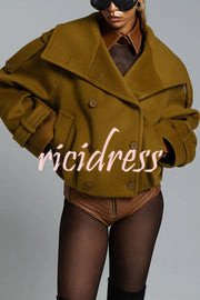Ellie Epaulettes Stand Neck Double-Breasted Pocket Cropped Loose Woolen Coat