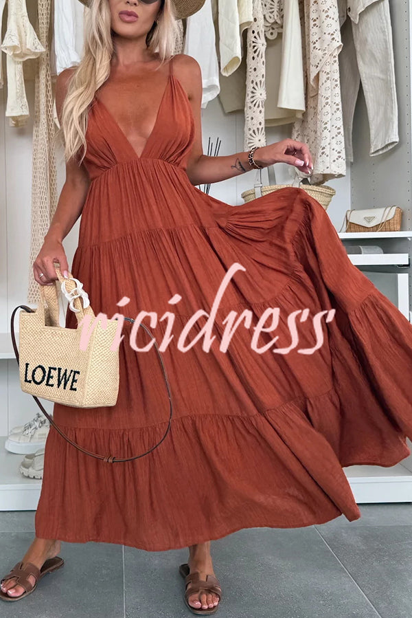 Bohemian Style V-neck Backless Slip Layered Vacation Maxi Dress