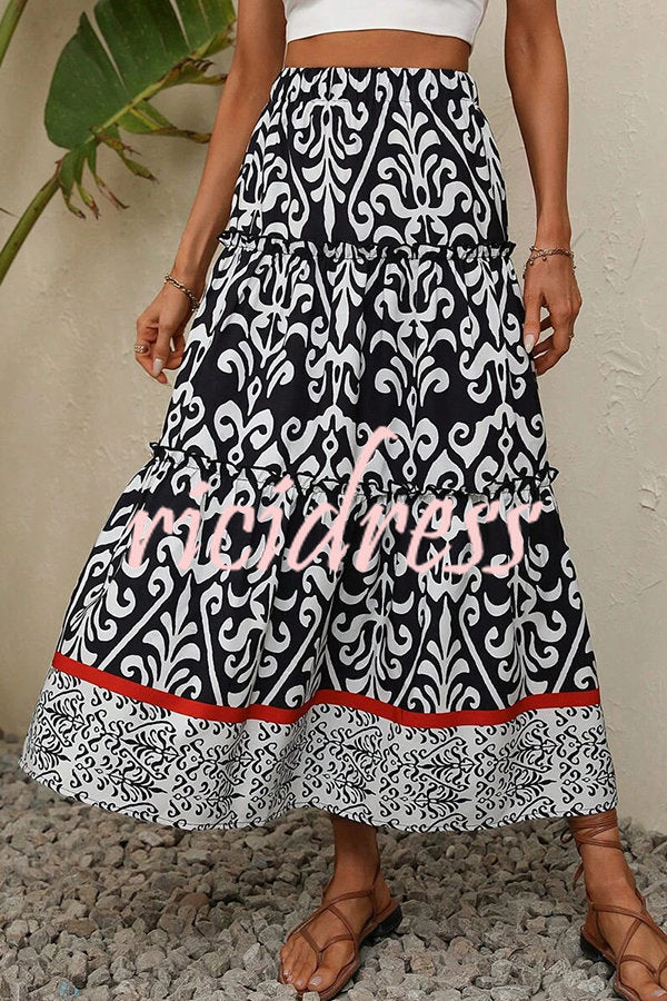 Rosine Ethnic Print Elastic Waist Tiered Midi Skirt
