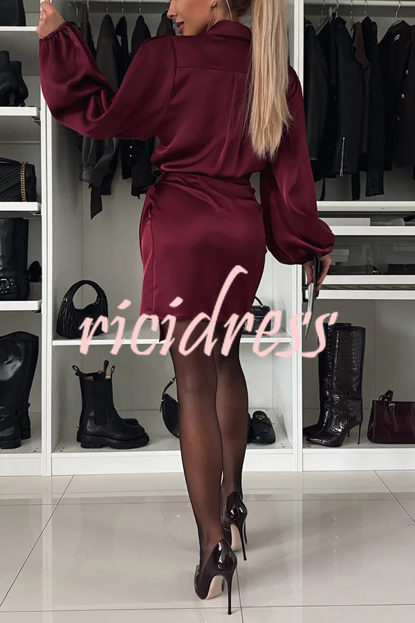 Solid Satin Long Sleeve Tie Waist Irregular Mini Dress