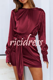 Satin Round Neck Long Sleeve Elastic Tie Mini Dress