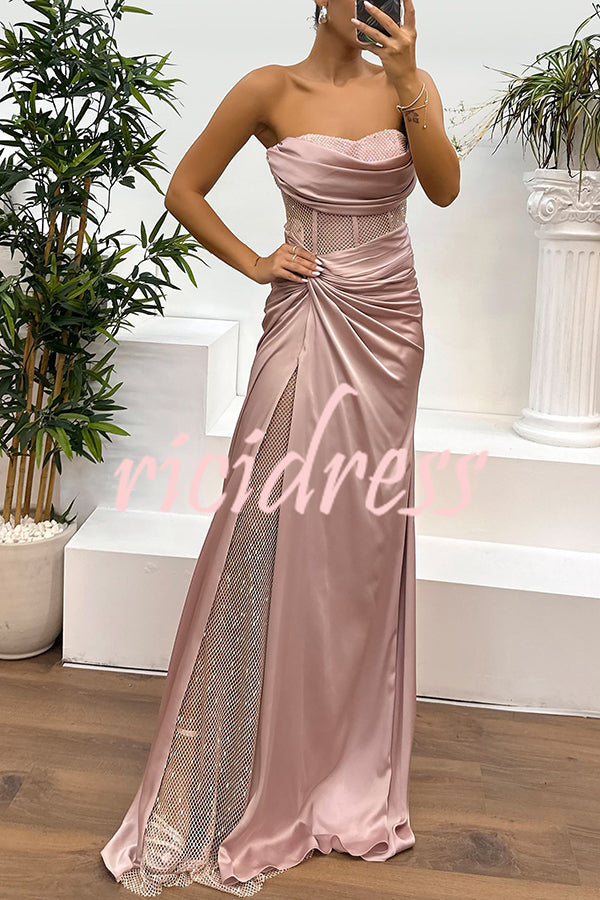 Essie Satin Rhinestone Patchwork Twist Waist Strapless Slit Maxi Dress
