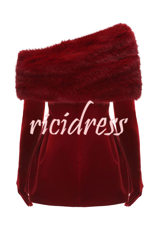 Stylish Velvet Off-shoulder Fitted Mini Dress and Fluffy Shawl, Velvet Gloves Three-piece Set