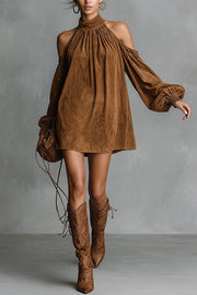 Stylish Off-shoulder Lantern-sleeved Suede Loose Mini Dress