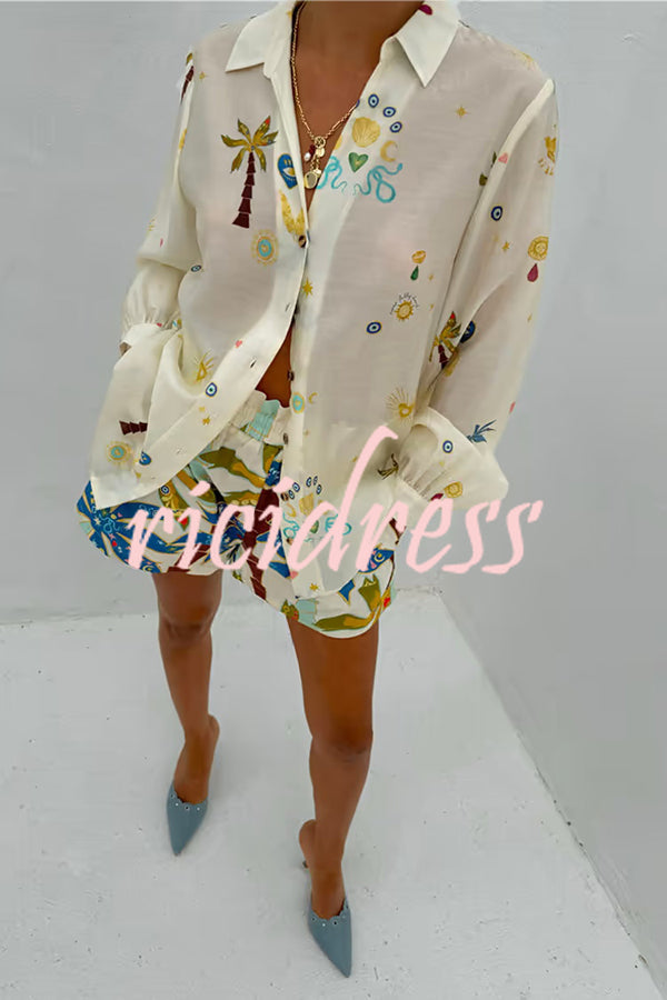 Linen Blend Resort Coconut Palm Print Long Sleeve Lapel Shirt and Elastic Waist Casual Pocket Shorts Set