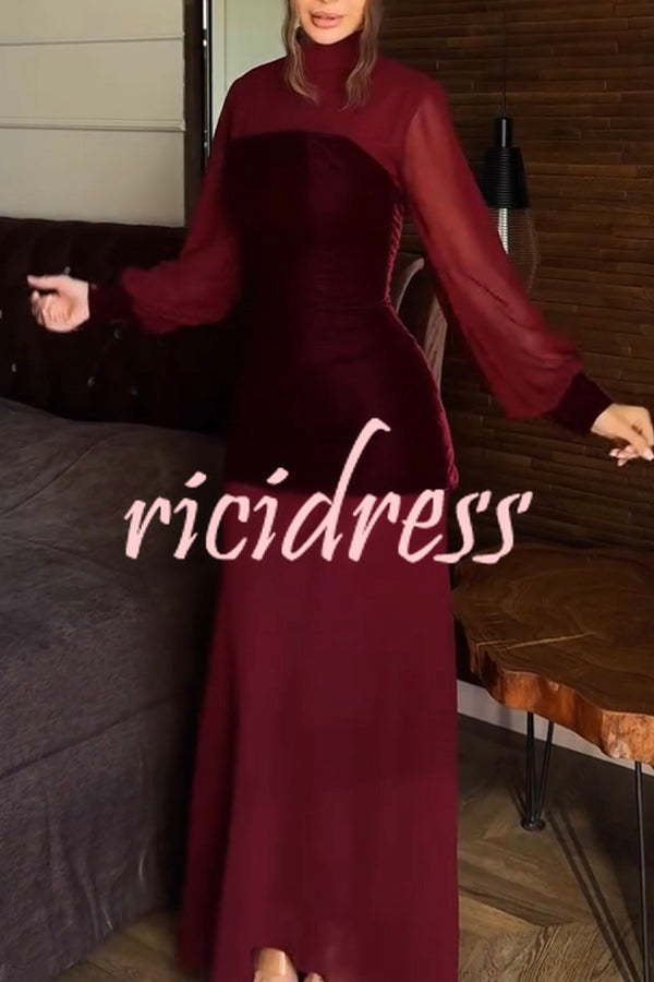 Hildie Chiffon and Two-piece Velvet Lace-up Bra High Neck Long Sleeve Maxi Dress