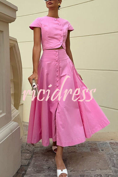 Solid Color Round Neck Button Crop Top and Elegant High Waist Slit Maxi Skirt Set