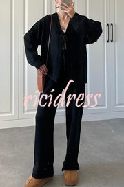 Solid Color V-neck Tie Long-sleeved Loose Knit Cardigan and Elastic Waist Casual Straight Leg Pants Set