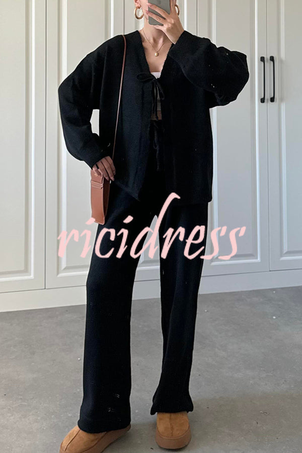 Solid Color V-neck Tie Long-sleeved Loose Knit Cardigan and Elastic Waist Casual Straight Leg Pants Set