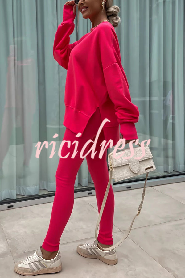 Solid Color Loose Long Sleeve SlitSweatshirt and Elastic Waist Tight Pants Set