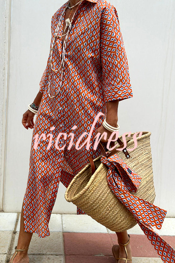 Summer Splendor Printed Button Half Sleeve Belt Loose Shirt Midi Dress