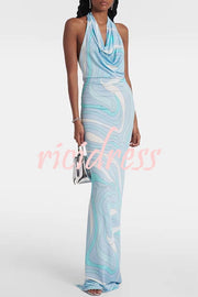 Caralyn Unique Print Halter Cowl Neck Slit Stretch Maxi Dress