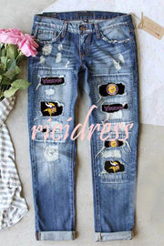Distressed Printed Street Contrast Hip Hop Style Jeans