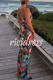 Little Mermaid Colorful Scales Print Halter Maxi Dress