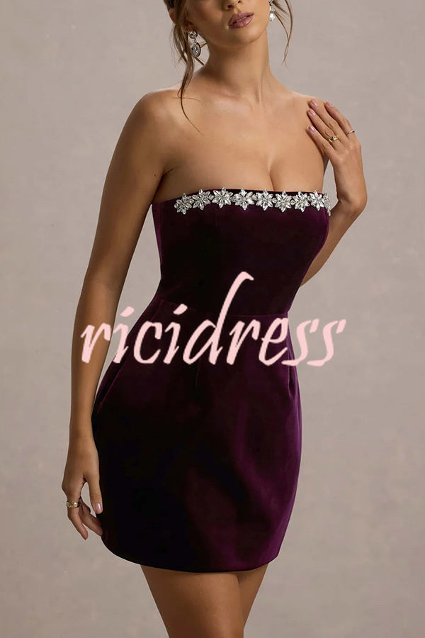 Effortlessly Elegant Velvet Jewel Embellished Trim Bandeau Mini Dress