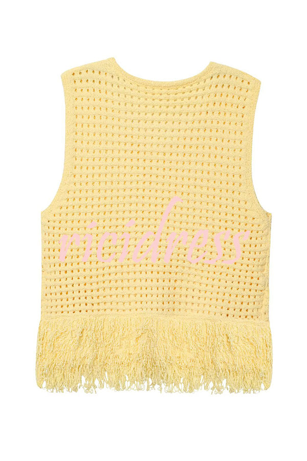 Solid Color Round Neck Sleeveless Hollow Tassel Loose Vest