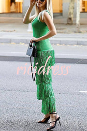 Solid Color Sleeveless Slim Fit Fringed Hem Knitted Midi Dress