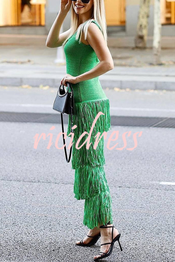 Solid Color Sleeveless Slim Fit Fringed Hem Knitted Midi Dress