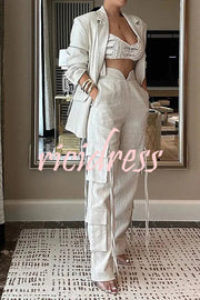 Stylish Lapel Long Sleeve Loose Jacket and Casual Pocket Lace-up Straight Leg Pants Set