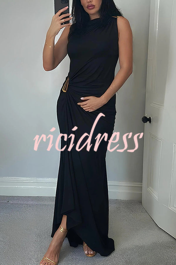 Fashionable Metallic Embellishments Pleated Sleeveless Slim-fit Maxi Dress