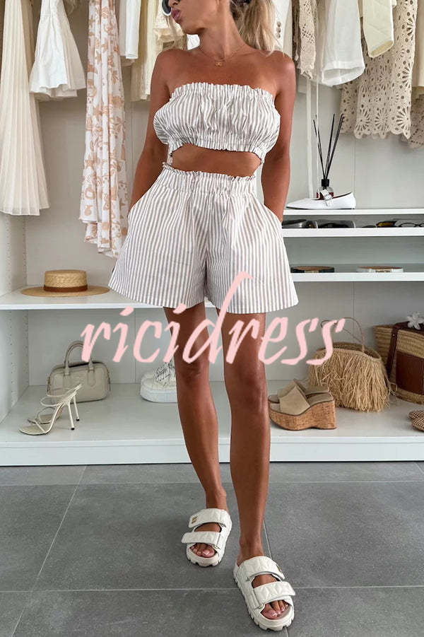 Zoie Striped Stretch Bandeau + Elastic Waist Pocket Shorts + Oversized Blouse 3 Pieces Set