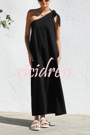 Solid Color One-shoulder Strappy Elegant Sloping Collar Loose Maxi Dress