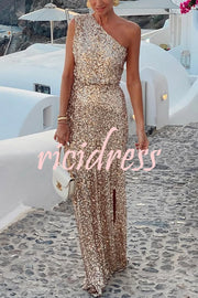 Santorini Night Sequin Fabric One Shoulder Slit Maxi Dress
