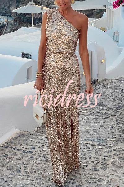 Santorini Night Sequin Fabric One Shoulder Slit Maxi Dress