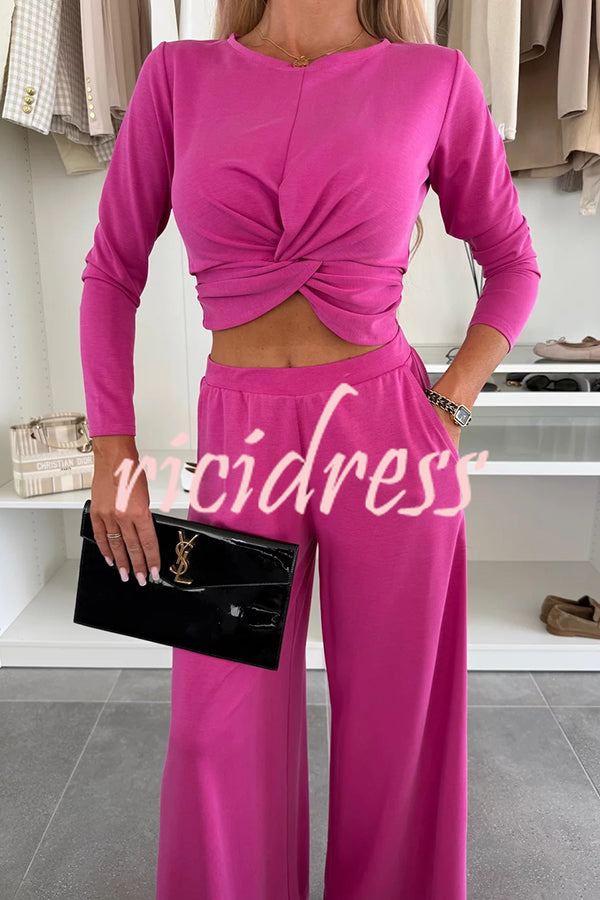 Solid Color Round Neck Long Sleeve Twist Crop Top and Elastic Waist Pocket Wide Leg Pants Set