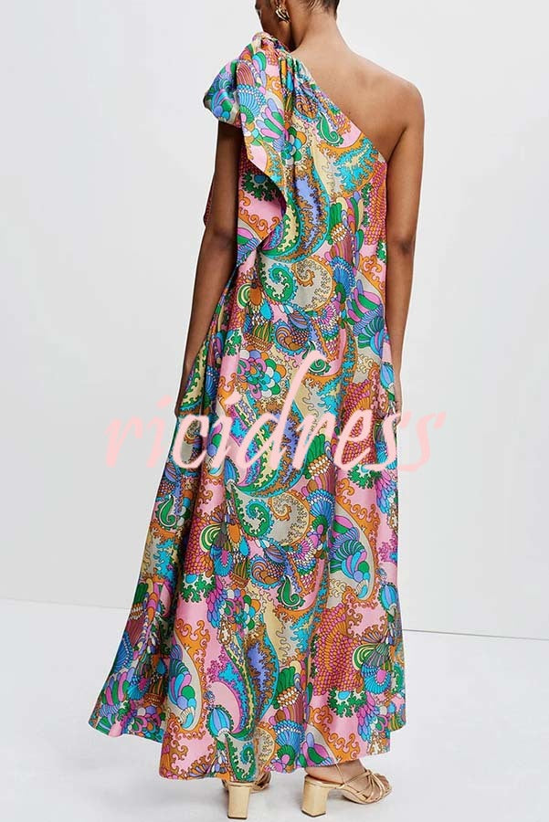 Rainbow Breeze Satin Unique Print Bow One Shoulder Loose Maxi Dress