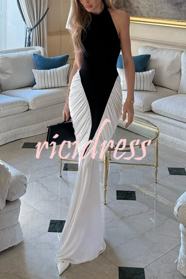 Fashionable Contrast Color Open Back Side Pleated Draped Maxi Dress